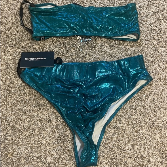 Teal Metallic Jewelled Bow Bikini Top and ruched bottom pretty little thing PLT - Picture 7 of 7